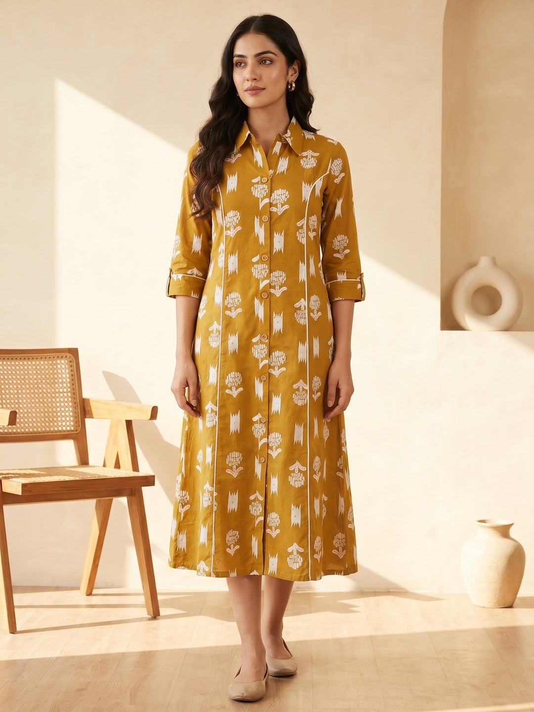 Mustard Pure Cotton Abstract Printed Kurti - Image 1