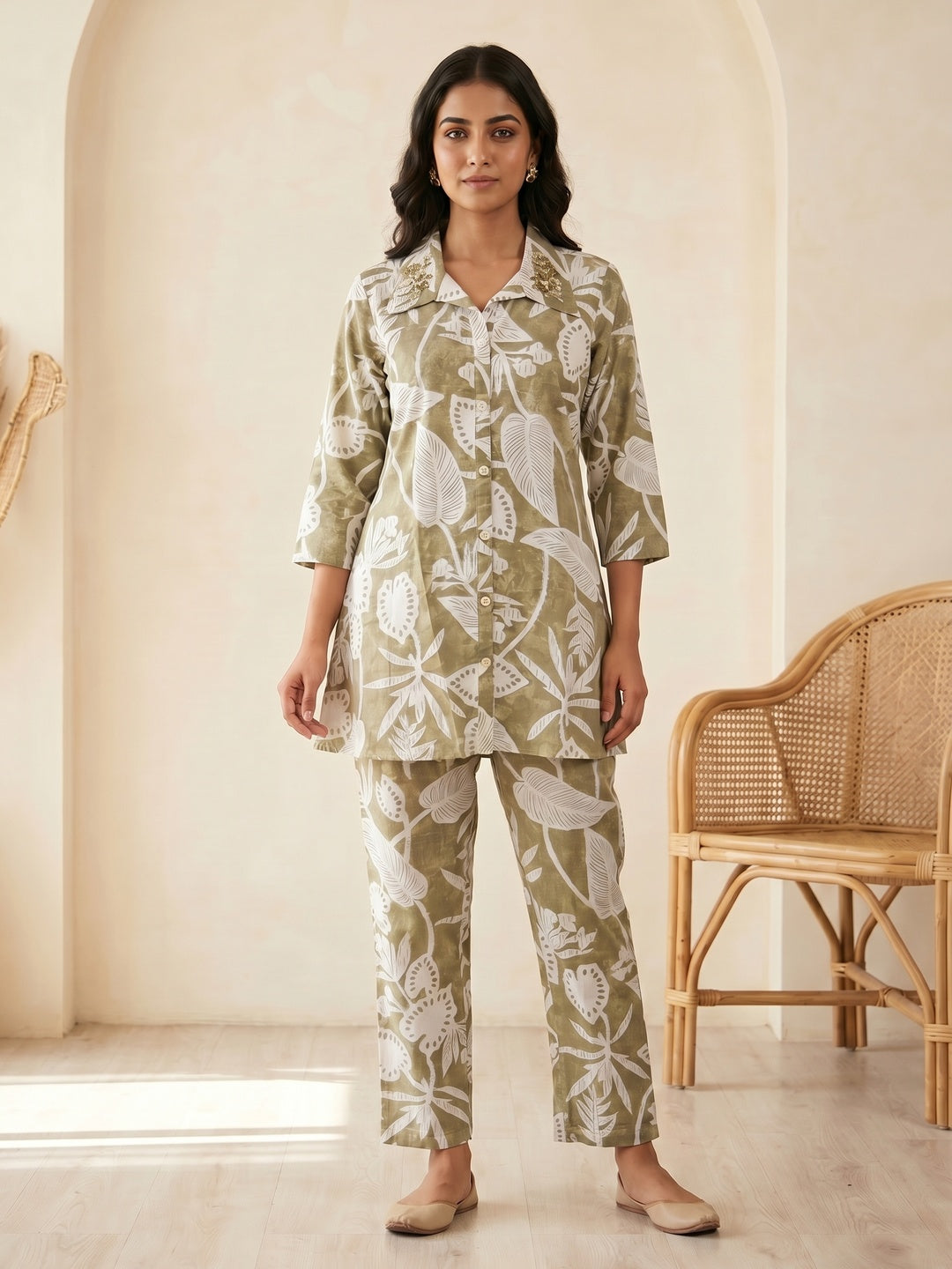 Olive Pure Cotton Botanical Printed Top Bottom Set - Image 4