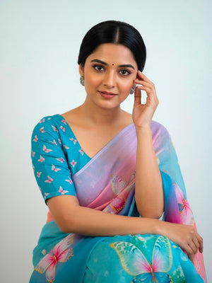 Peachmode Magenta Soft Linen Saree with butterfly floral print - Image 2