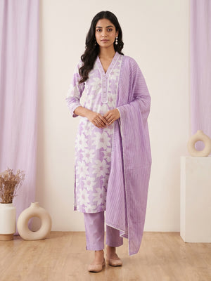 Lavender Pure Cotton Floral Printed Salwar Suit Set - Image 2