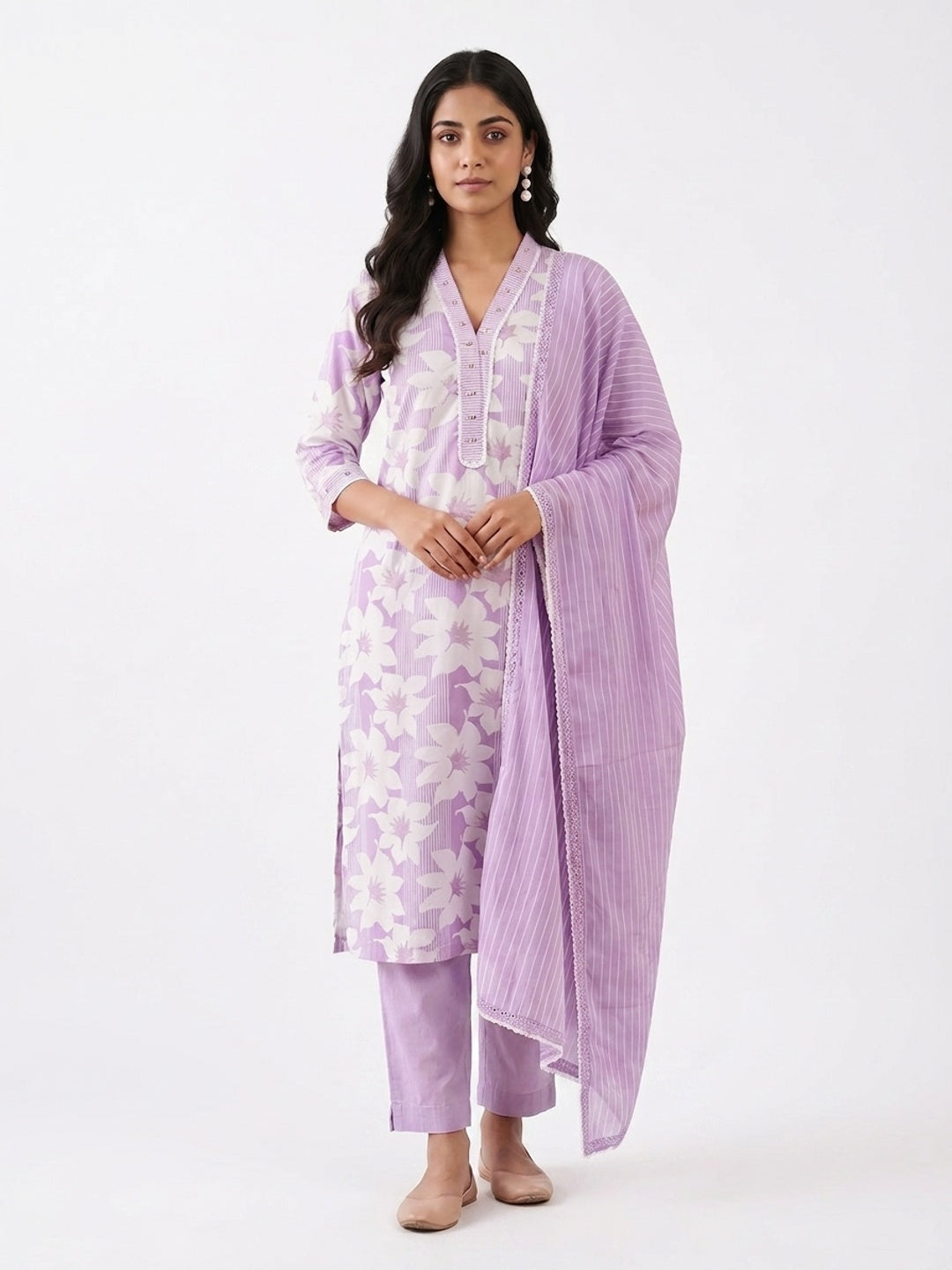 Lavender Pure Cotton Floral Printed Salwar Suit Set - Image 4