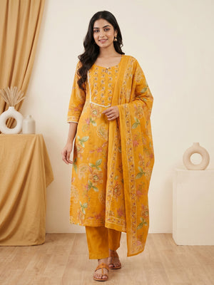 Mustard Pure Cotton Floral Printed Salwar Suit Set - Image 1