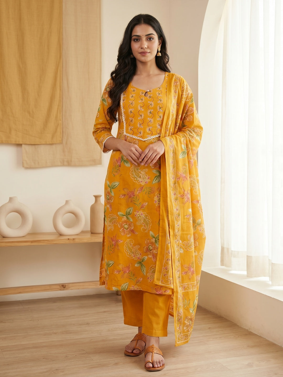 Mustard Pure Cotton Floral Printed Salwar Suit Set - Image 2