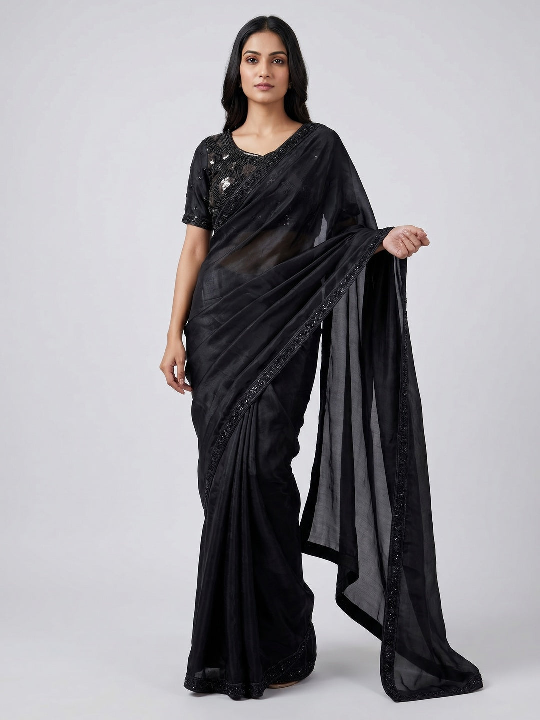 Peachmode Black Satin Saree with Sequin Embroidered Blouse - Image 1
