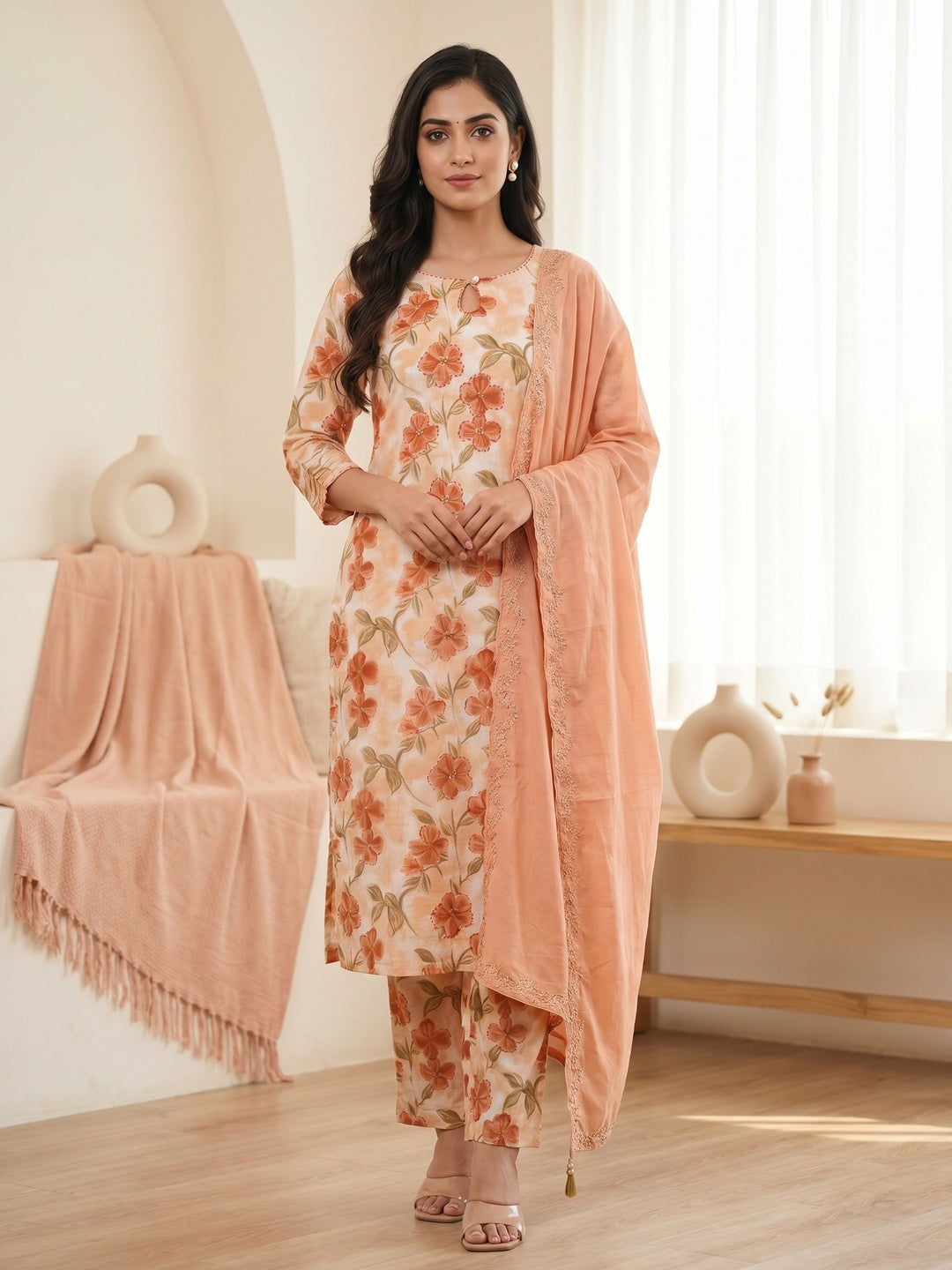 Peach Pure Cotton Floral Printed Salwar Suit Set - Image 2