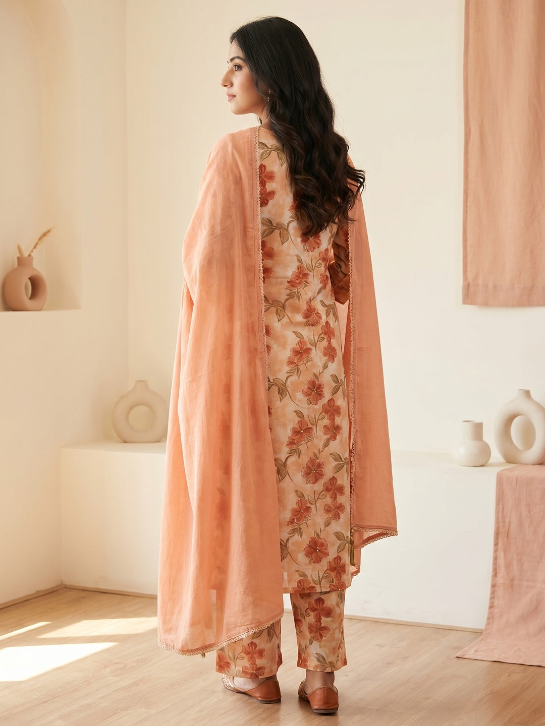 Peach Pure Cotton Floral Printed Salwar Suit Set - Image 4