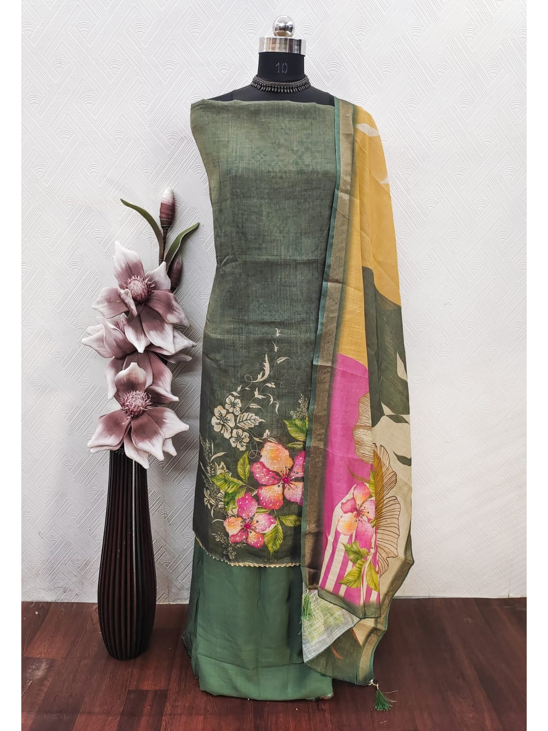 Peachmode Green Linen Dress Material with Floral Print - Image 2