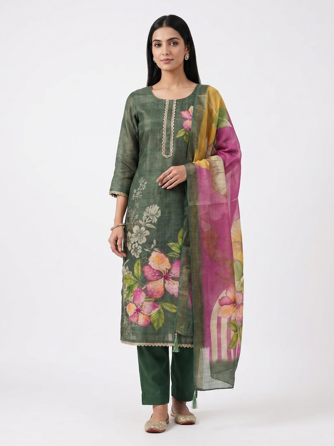Peachmode Green Linen Dress Material with Floral Print - Image 1