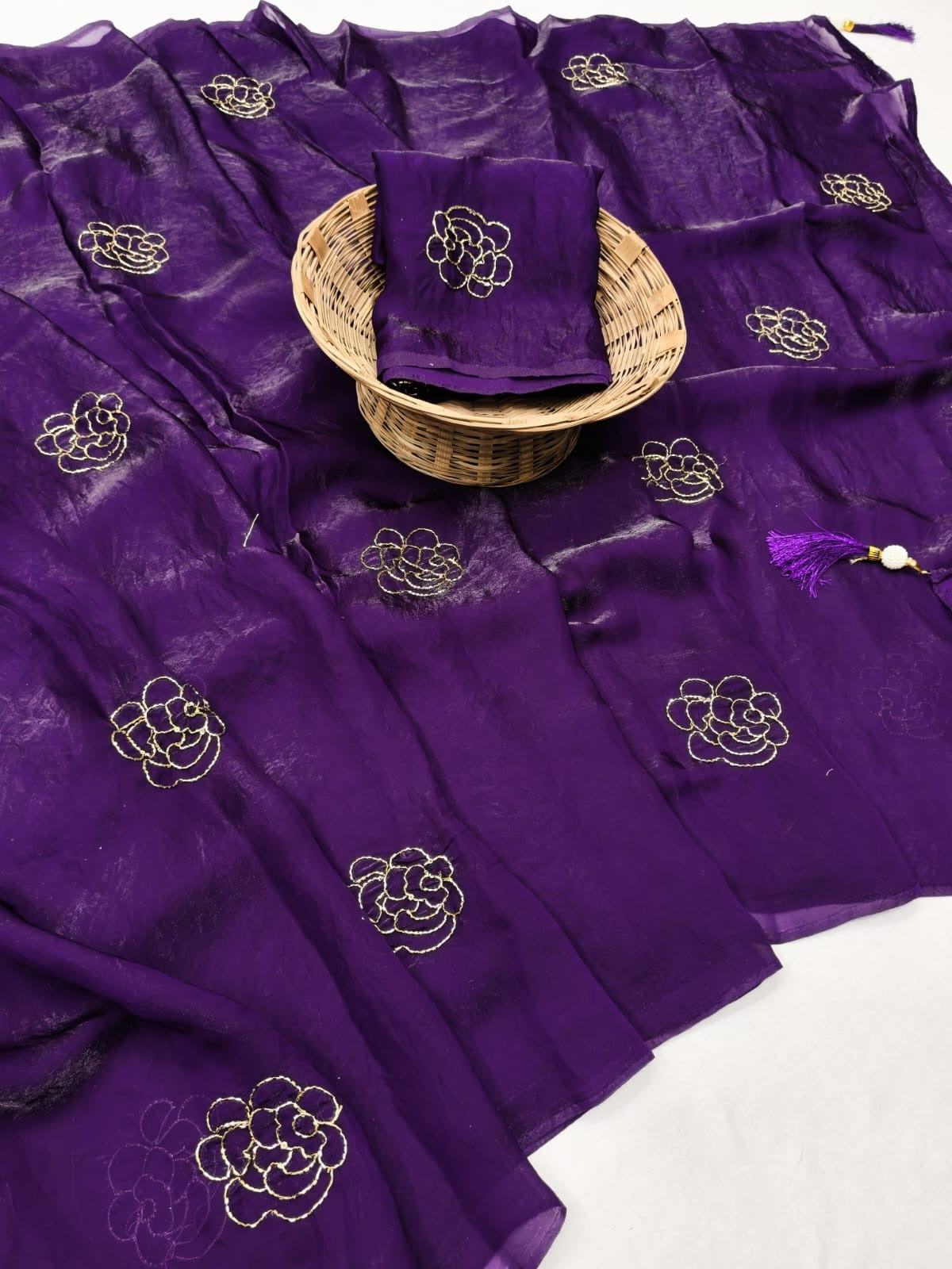 Peachmode Purple Satin Floral Embroidered Saree - Image 3