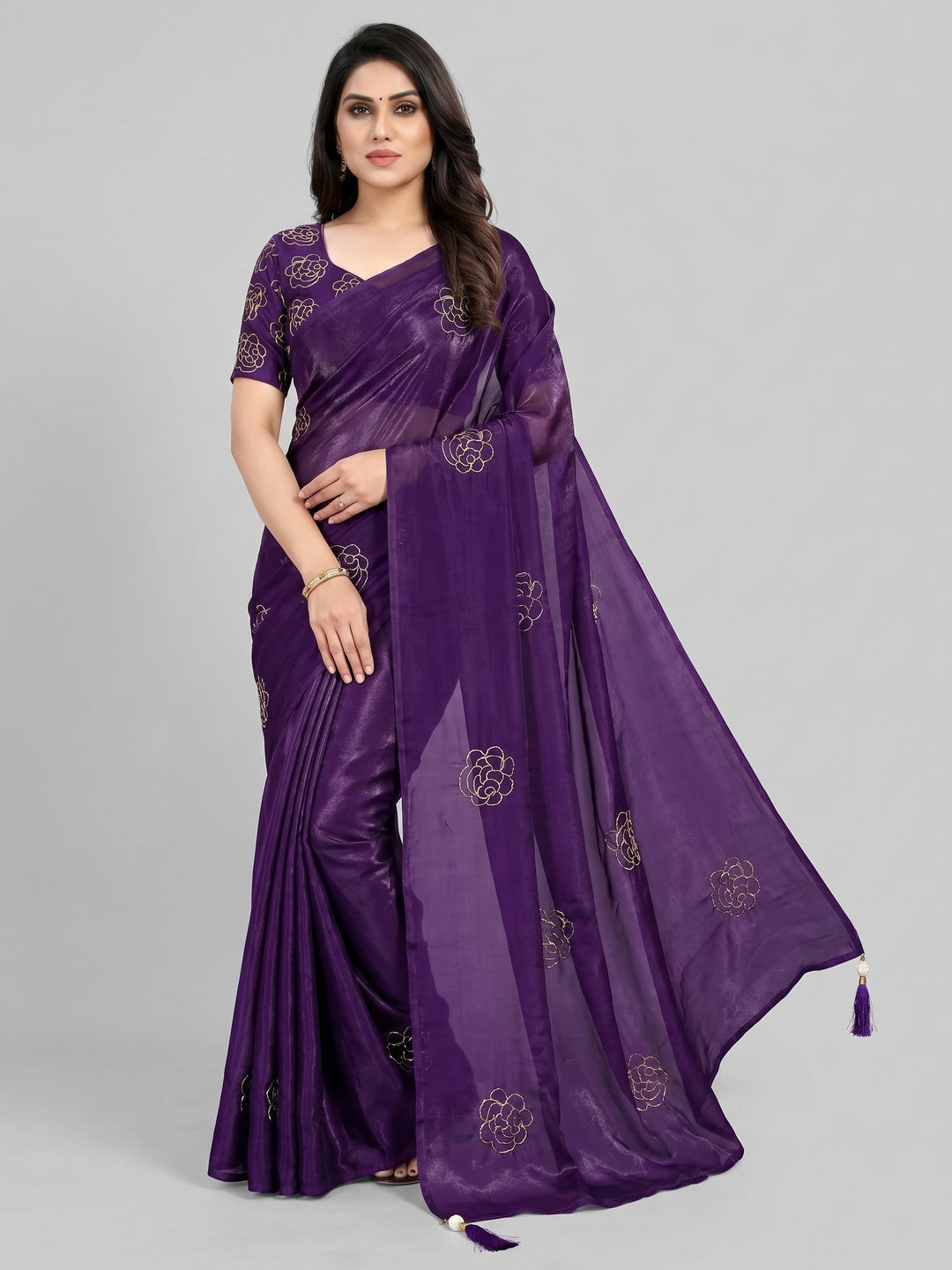 Peachmode Purple Satin Floral Embroidered Saree - Image 1