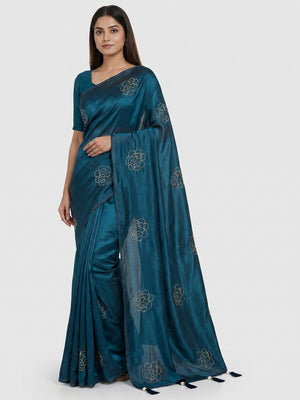 Peachmode Blue Satin Floral Embroidered Saree - Image 1