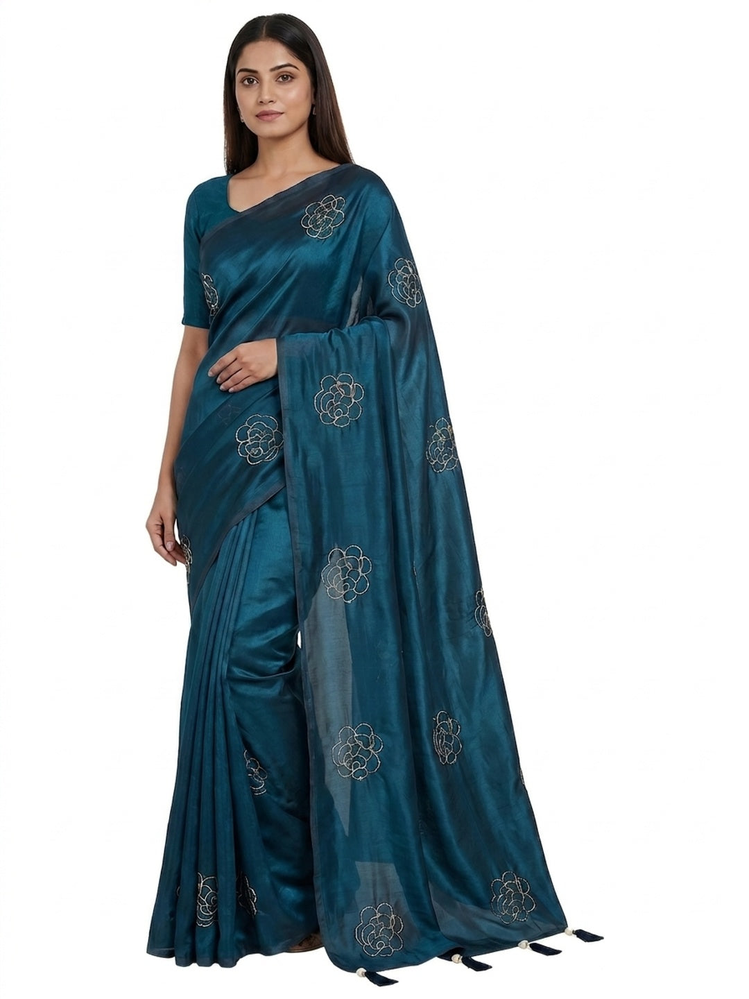 Peachmode Blue Satin Floral Embroidered Saree - Image 4