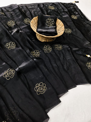 Peachmode Black Satin Floral Embroidered Saree - Image 2