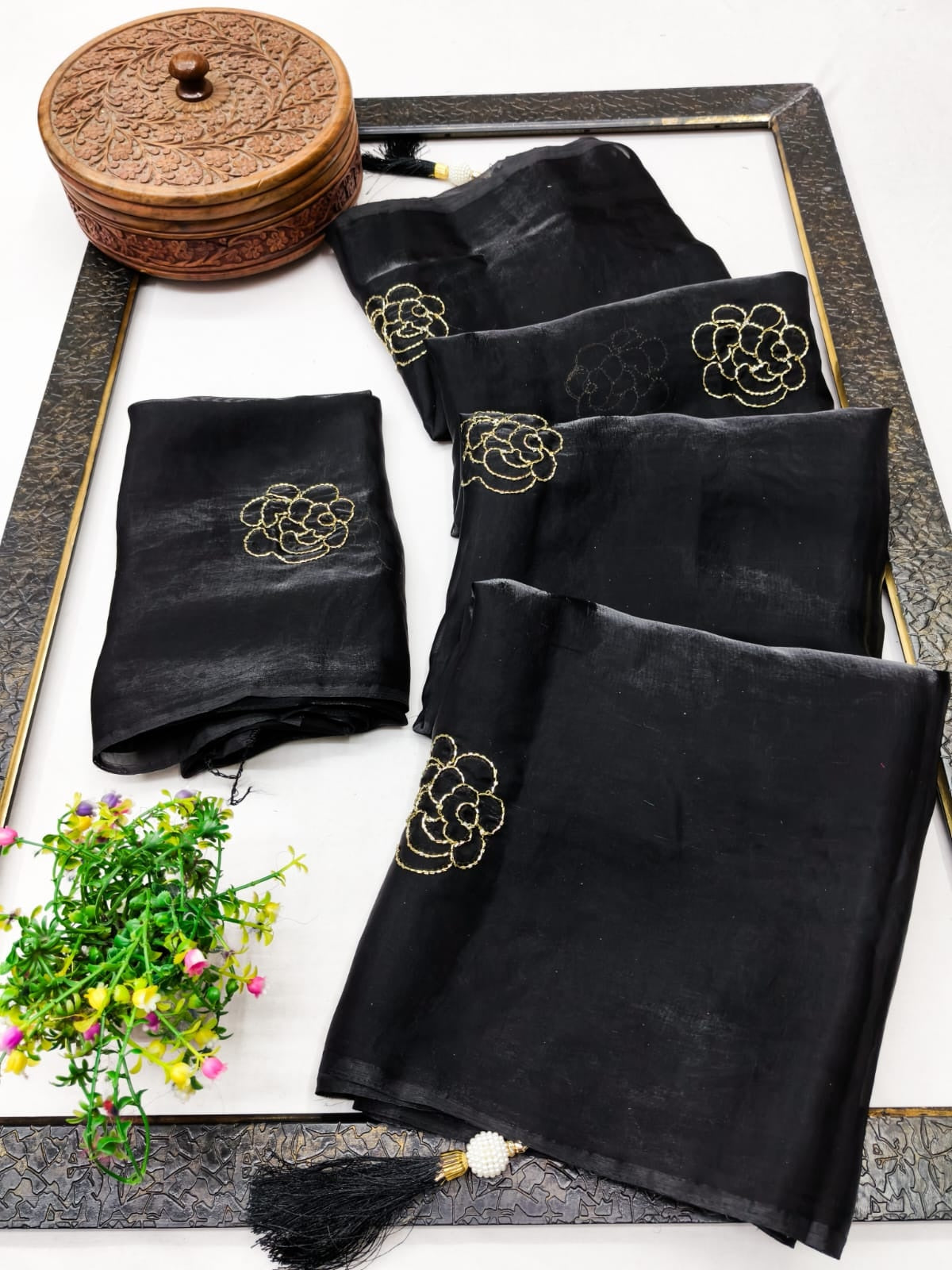 Peachmode Black Satin Floral Embroidered Saree - Image 3