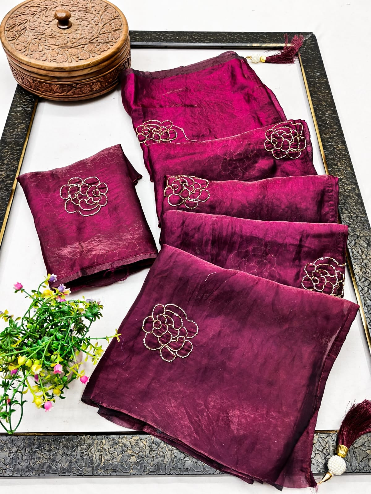 Peachmode Wine Satin Floral Embroidered Saree - Image 2