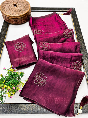 Peachmode Wine Satin Floral Embroidered Saree - Image 2