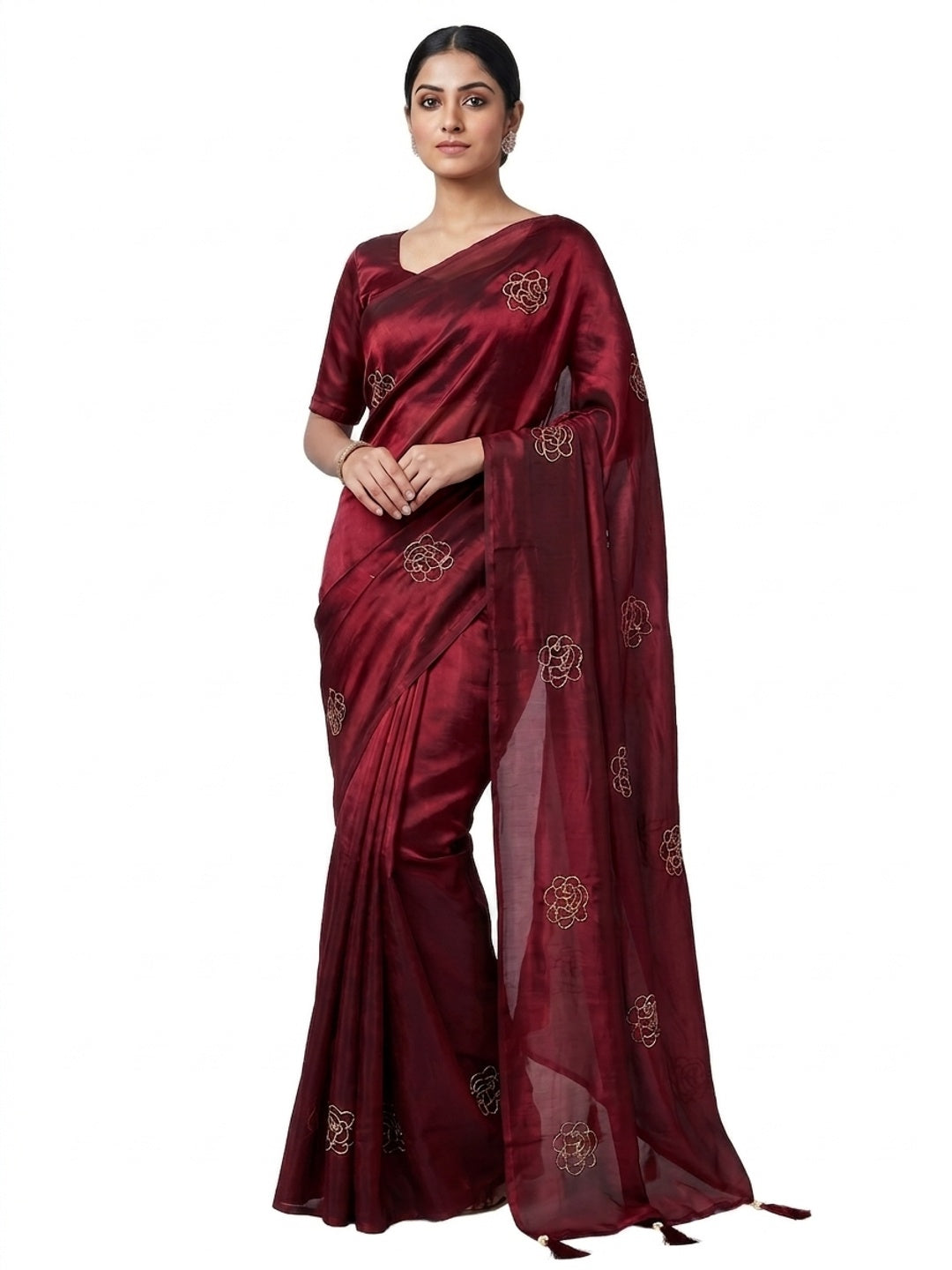 Peachmode Maroon Satin Floral Embroidered Saree - Image 4