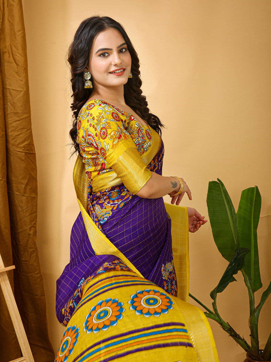 Peachmode Purple Dola Silk Floral Checks Saree - Image 3