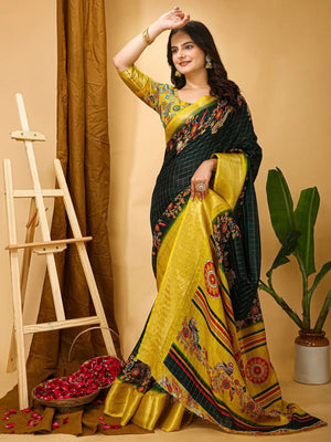 Peachmode Black Dola Silk Floral Checks Saree - Image 1