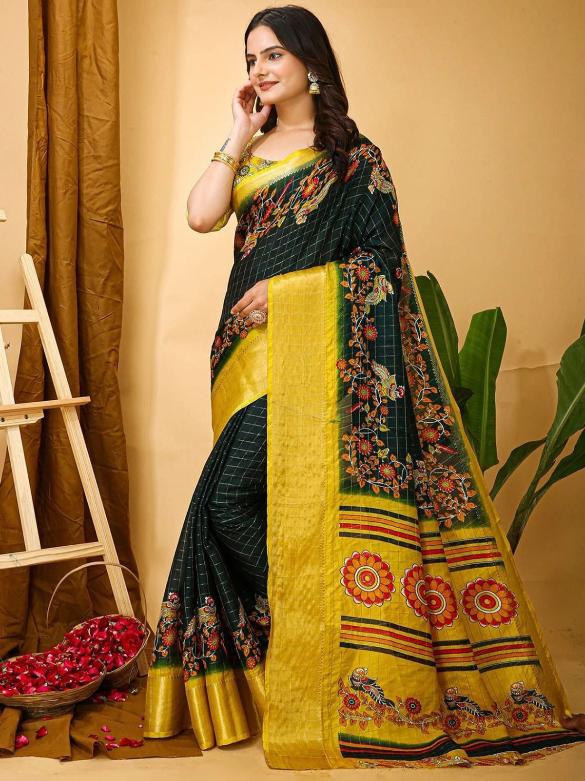 Peachmode Black Dola Silk Floral Checks Saree - Image 2