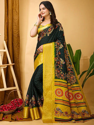 Peachmode Black Dola Silk Floral Checks Saree - Image 2