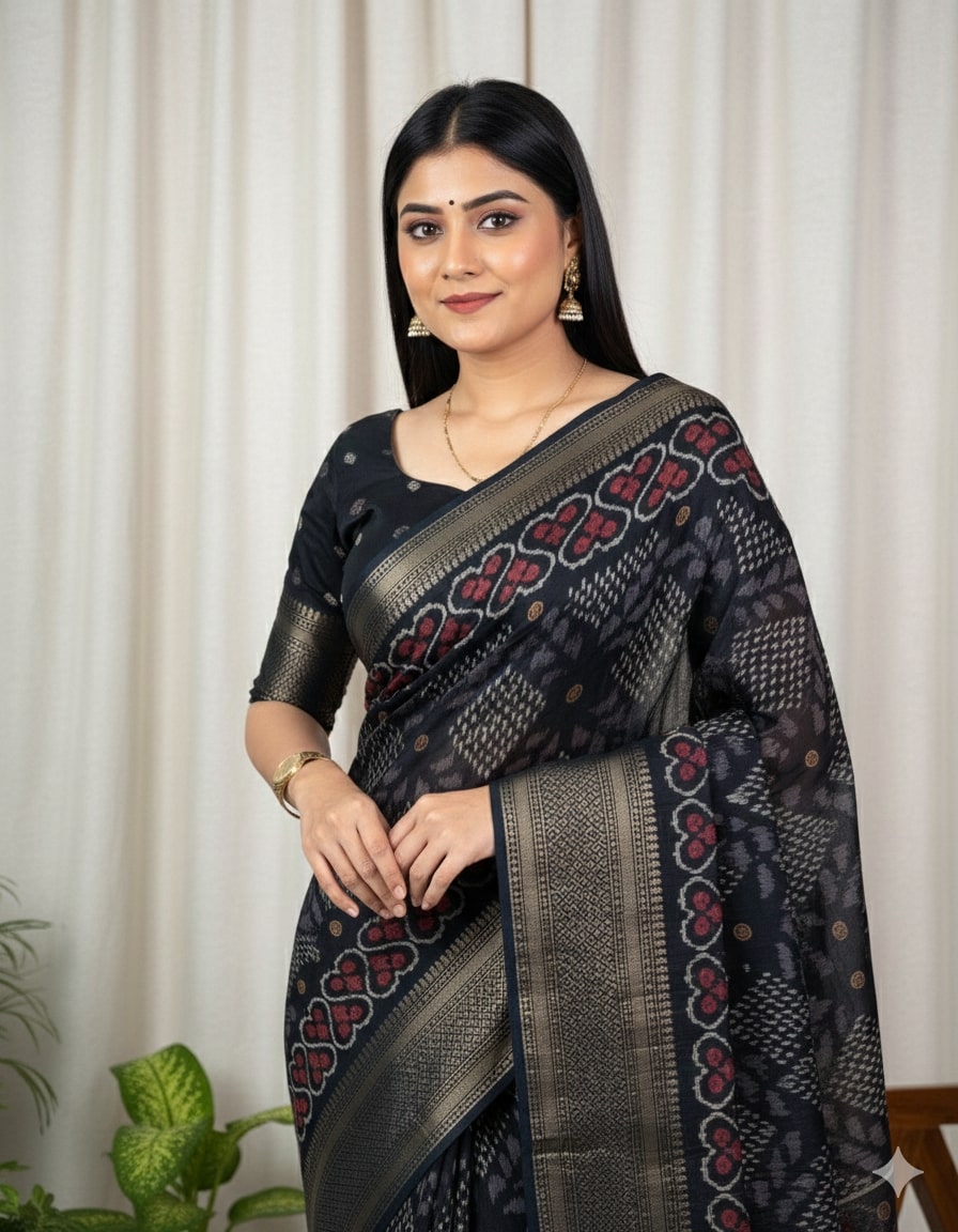 Peachmode Black Dola Silk Woven Border Saree - Image 2