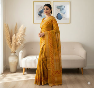 Peachmode Mustard Dola Silk Woven Border Saree - Image 1