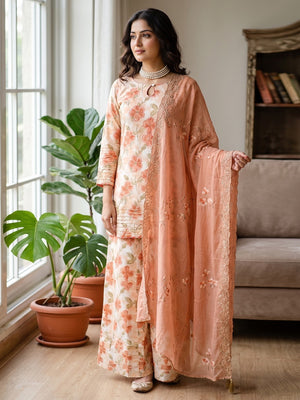 Peach Pure Cotton Floral Printed Salwar Suit Set - Image 1