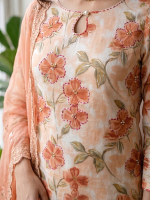 Peach Pure Cotton Floral Printed Salwar Suit Set - Image 2