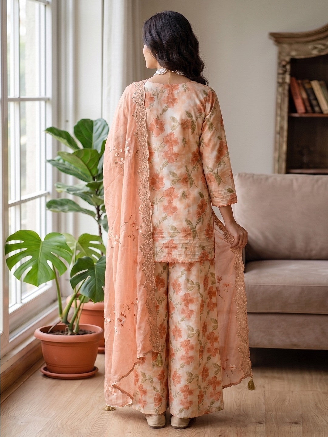 Peach Pure Cotton Floral Printed Salwar Suit Set - Image 3