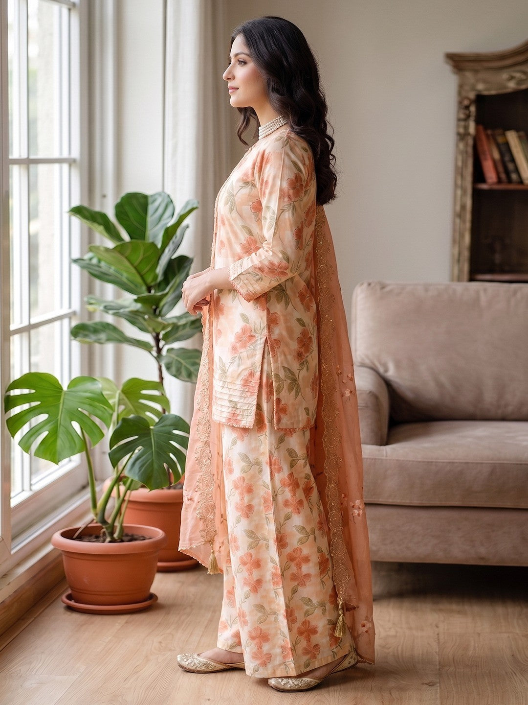 Peach Pure Cotton Floral Printed Salwar Suit Set - Image 4