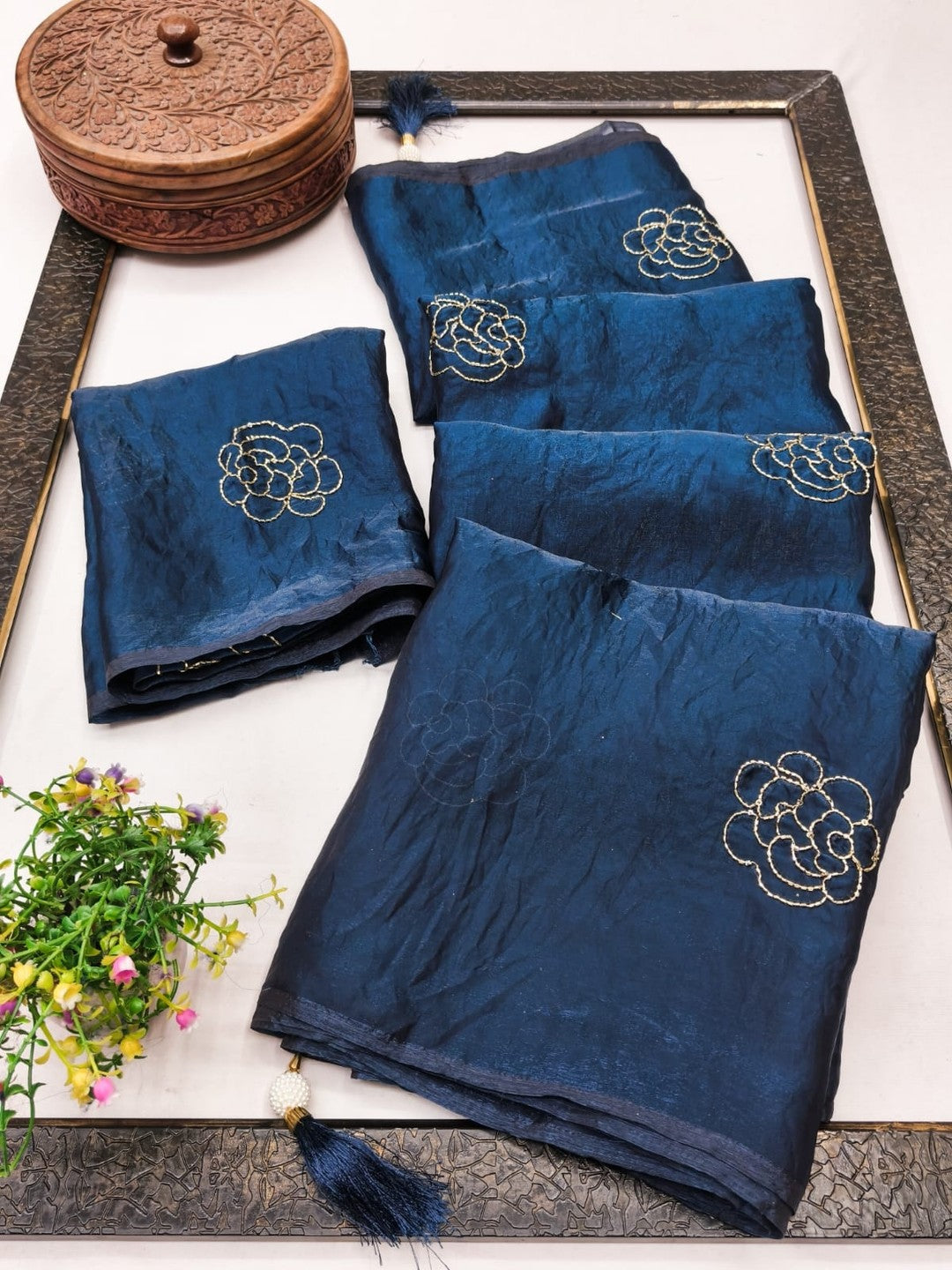 Peachmode Blue Satin Floral Embroidered Saree - Image 2