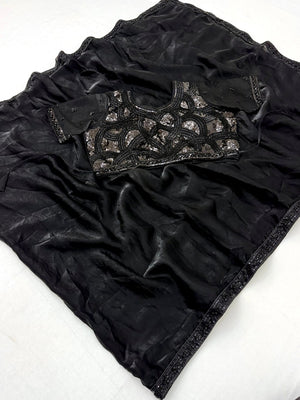 Peachmode Black Satin Saree with Sequin Embroidered Blouse - Image 2