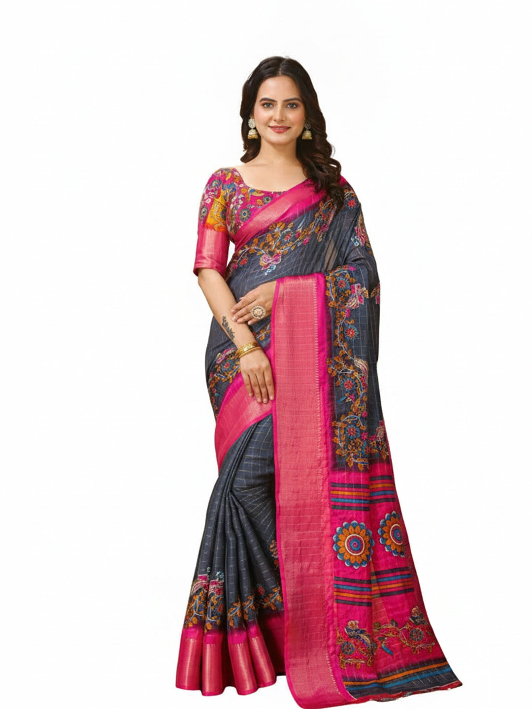 Peachmode Grey Dola Silk Floral Checks Saree - Image 4