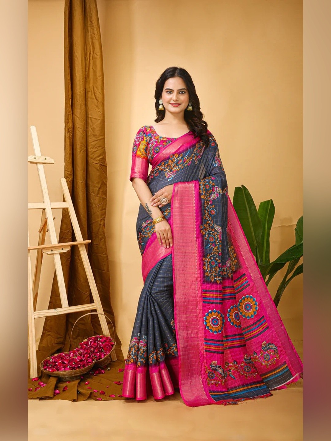 Peachmode Grey Dola Silk Floral Checks Saree - Image 1