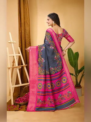 Peachmode Grey Dola Silk Floral Checks Saree - Image 2