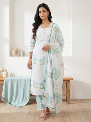 White Pure Cotton Aqua Leaf Printed Salwar Suit Set - Image 1