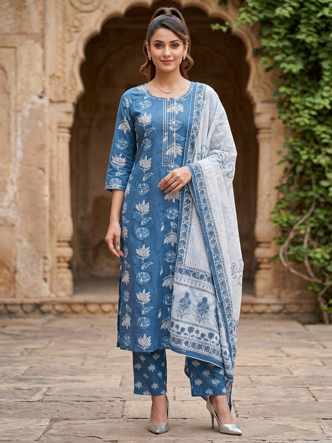 Teal Blue Pure Cotton Floral Printed Salwar Suit Set - Image 1