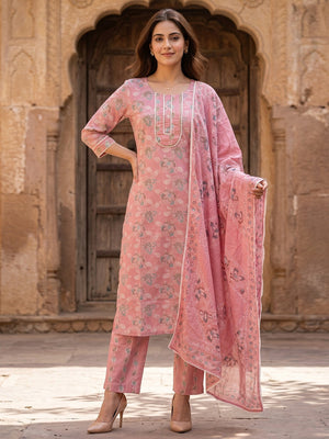 Dusty Pink Pure Cotton Floral Printed Salwar Suit Set - Image 1