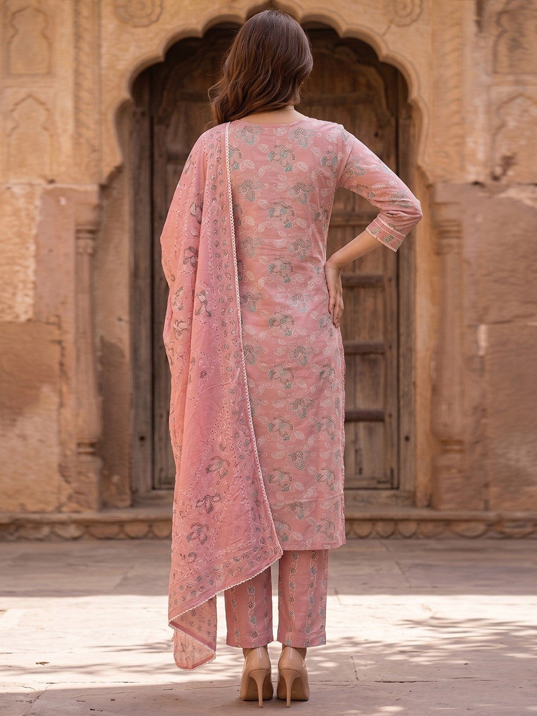Dusty Pink Pure Cotton Floral Printed Salwar Suit Set - Image 4