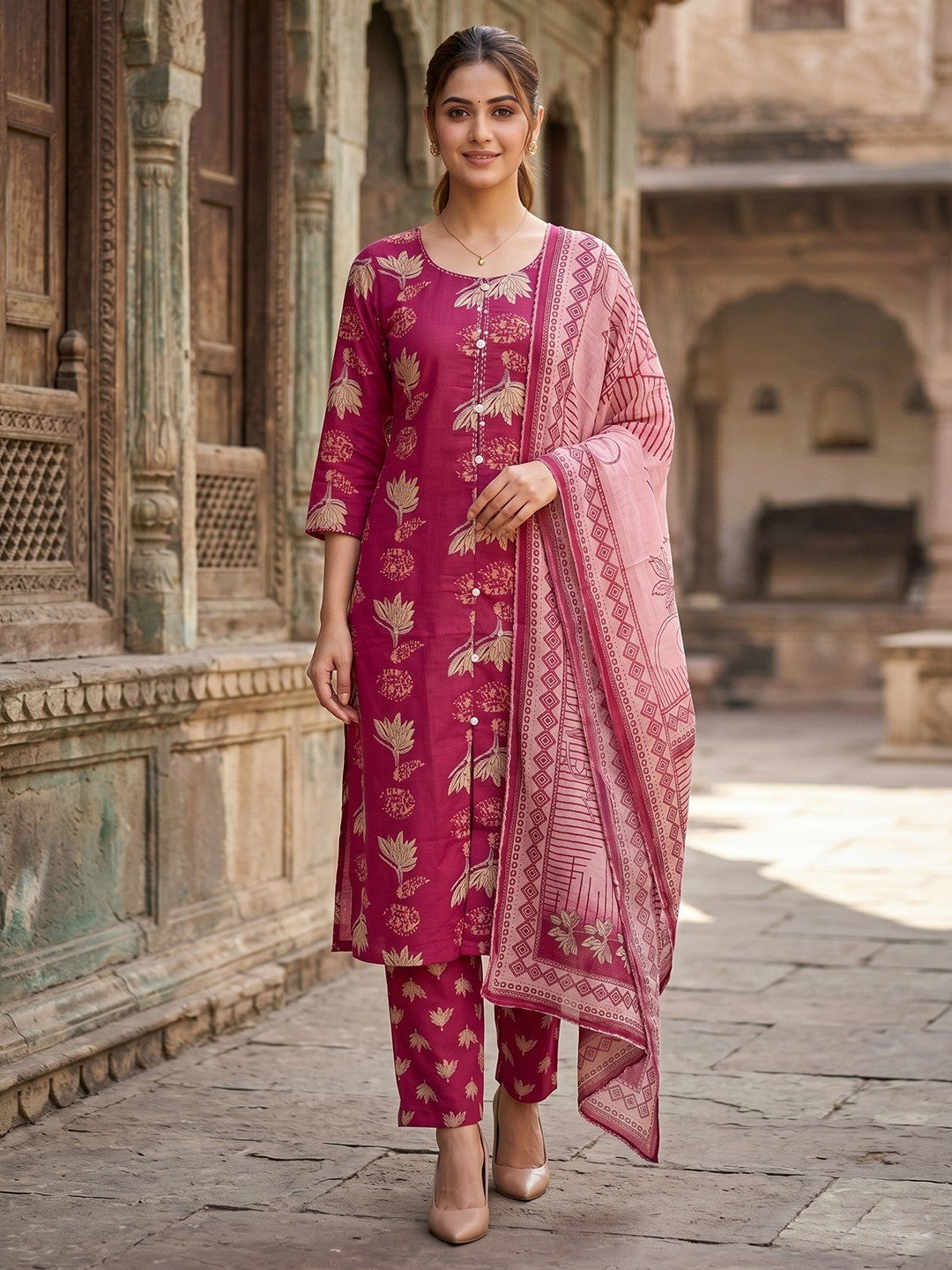 Pink Pure Cotton Floral Printed Salwar Suit Set - Image 1