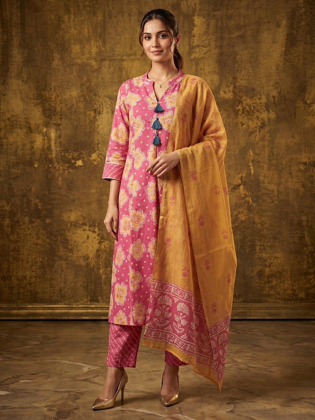 Pink Pure Cotton Floral Printed Salwar Suit Set - Image 1