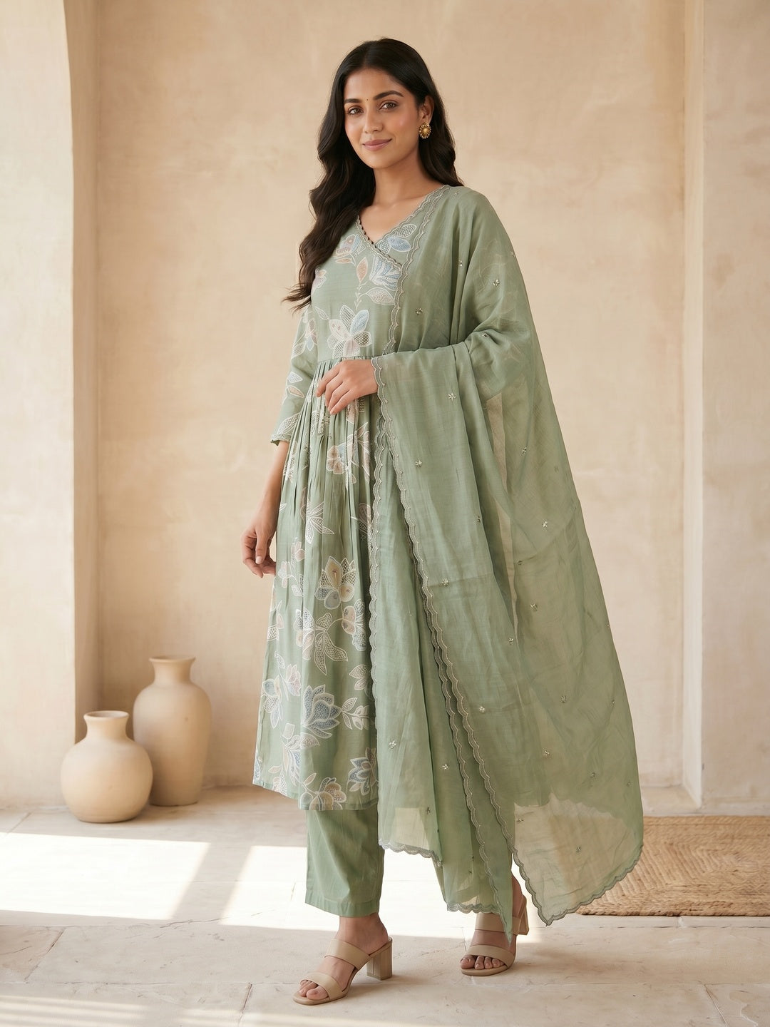 Green Viscose Floral Printed Salwar Suit Set with Chanderi Dupatta - Image 3