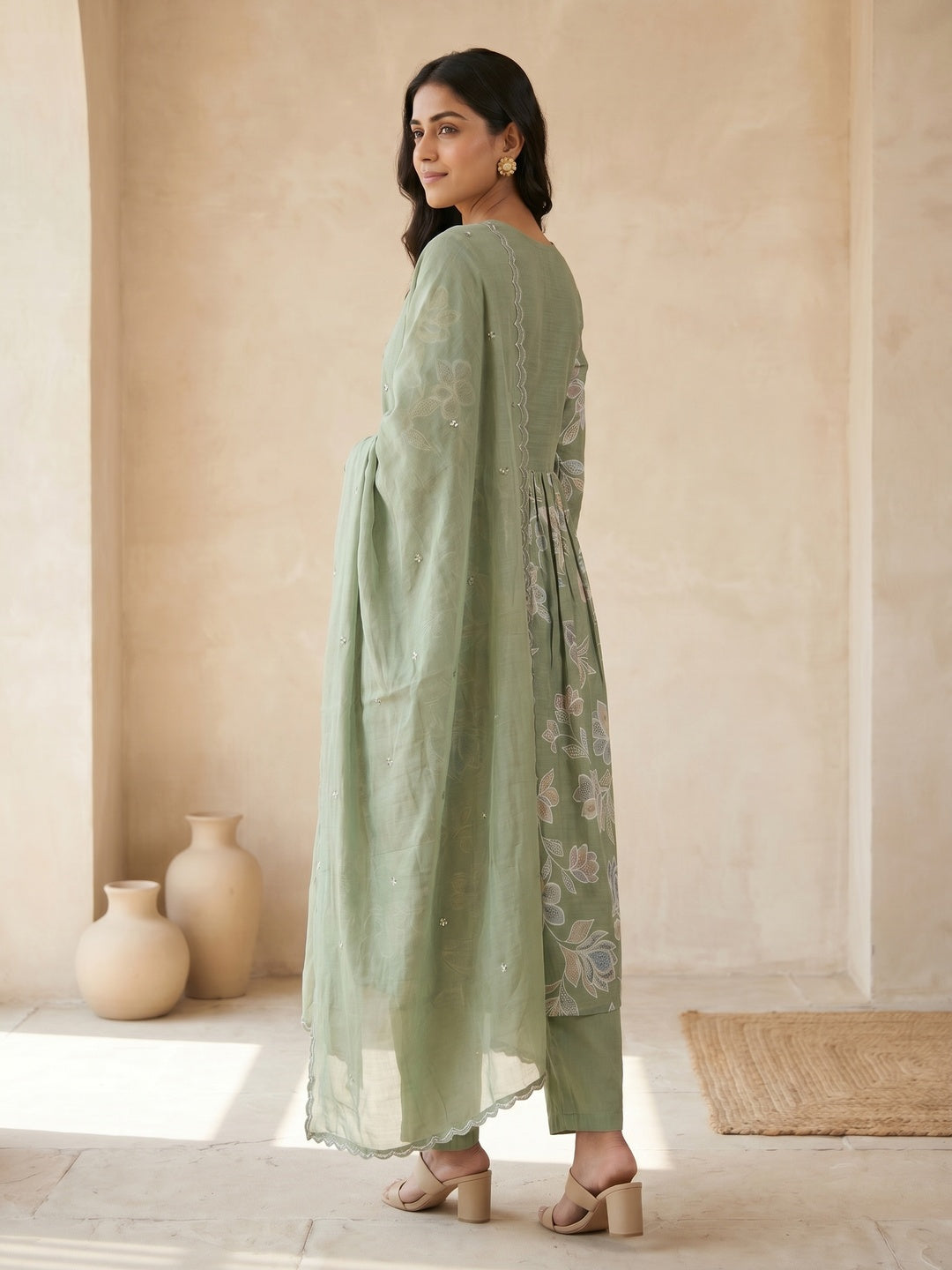 Green Viscose Floral Printed Salwar Suit Set with Chanderi Dupatta - Image 4