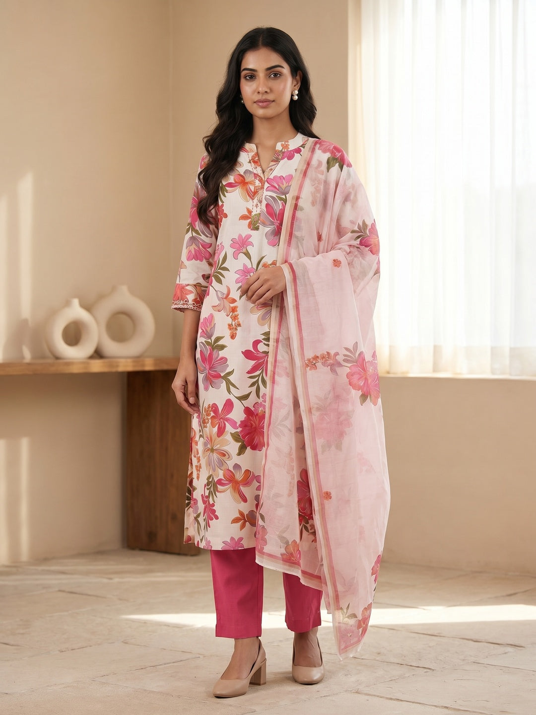 Pink Floral Printed Salwar Suit Set with Chanderi Dupatta - Image 1