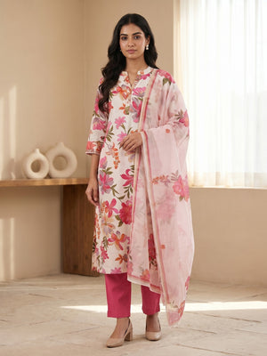 Pink Floral Printed Salwar Suit Set with Chanderi Dupatta - Image 1