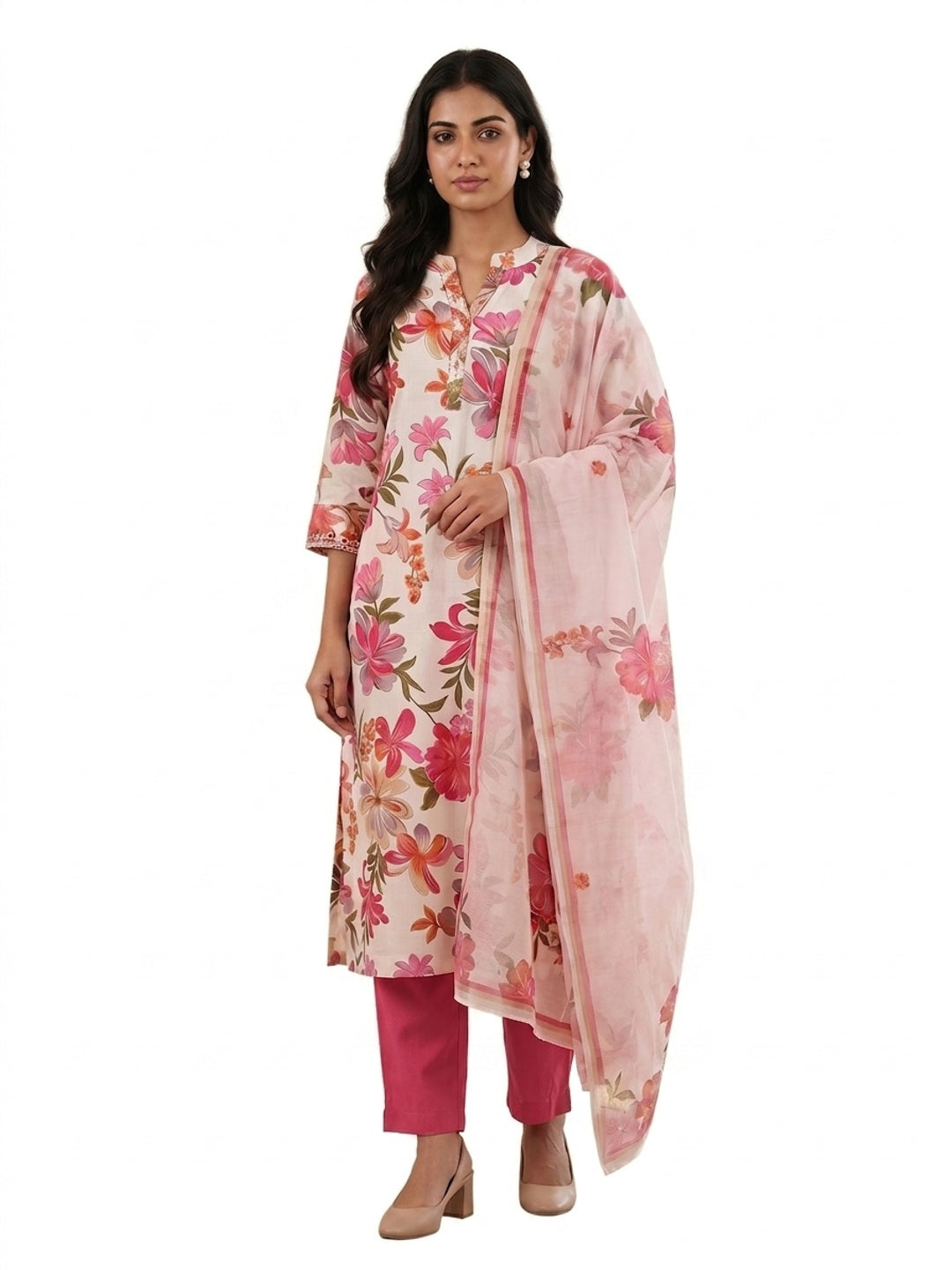 Pink Floral Printed Salwar Suit Set with Chanderi Dupatta - Image 3