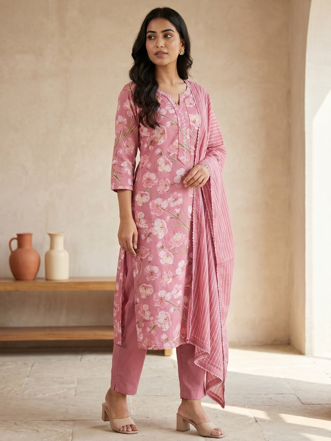 Pink Pure Cotton Floral Printed Salwar Suit Set - Image 3