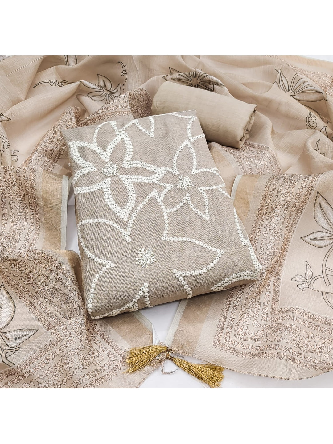 Peachmode Cream Linen Dress Material with Floral - Image 4