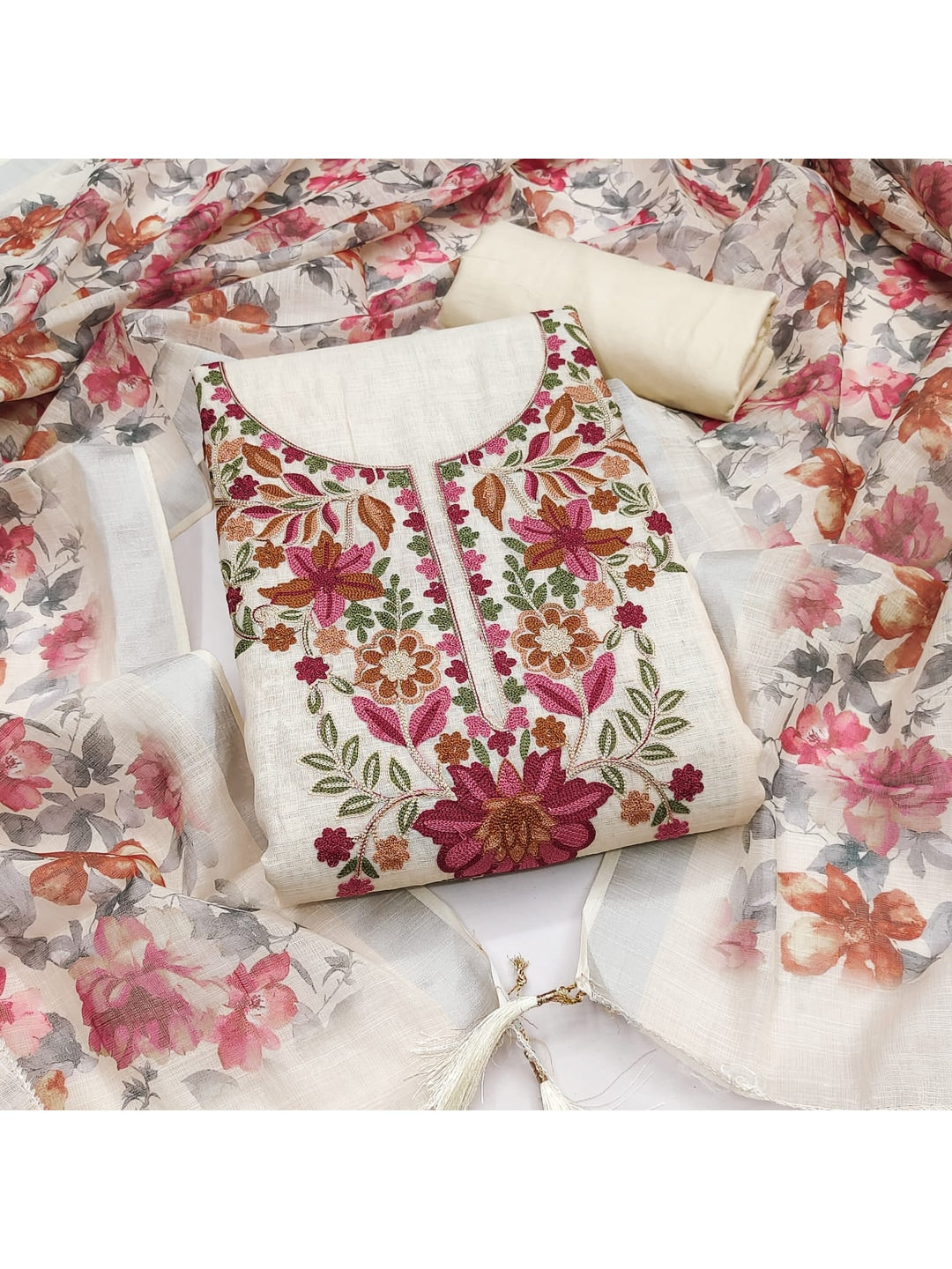 Peachmode Cream Linen Dress Material with Floral Embroidery - Image 4